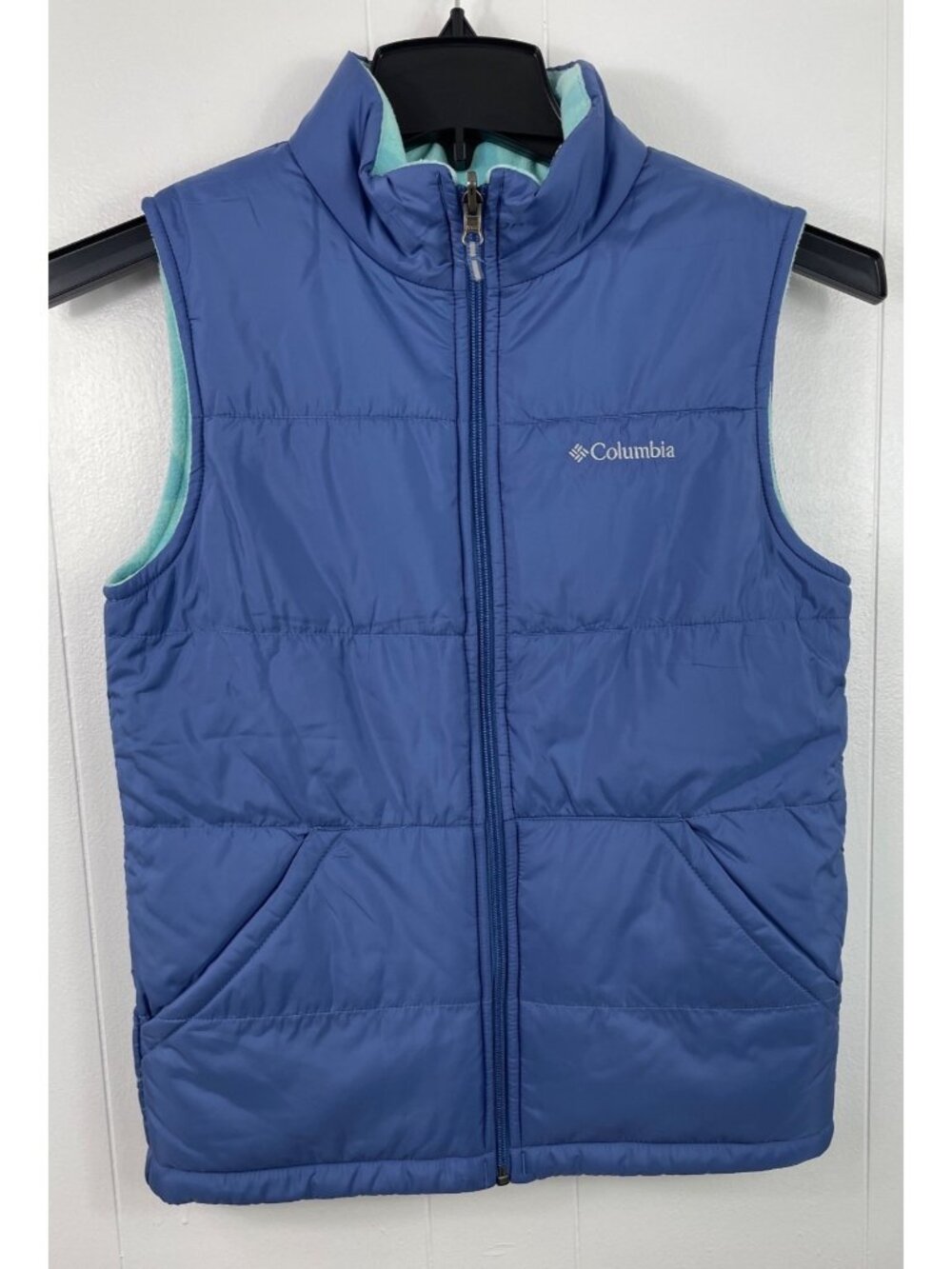Columbia Girls Reversible Puffer Vest L Blue & Aqua Geometric Pattern Full Zip